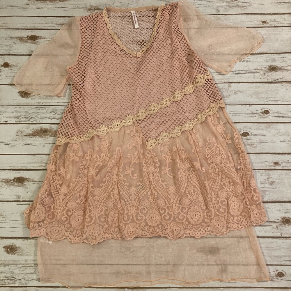 Pretty Angel Soft Pink Mesh Lace Silk Shift Dress